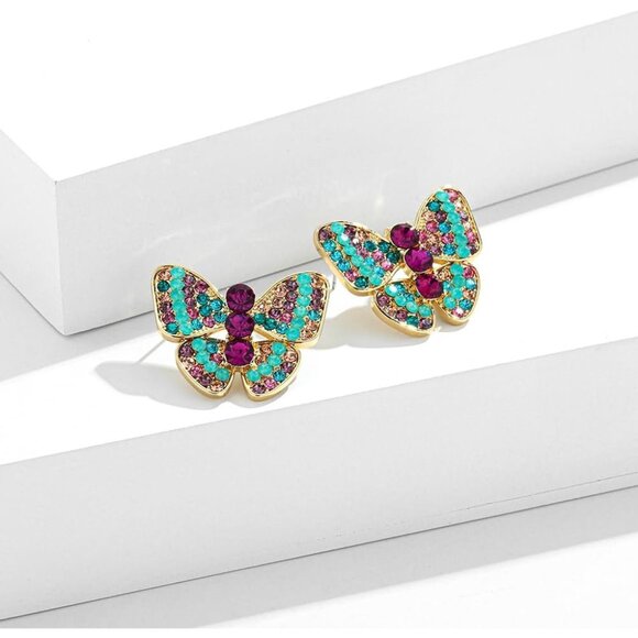 Women's Colorful Rhinestones Gold Plated Beauty Butterfly Statement Earrings - Picture 1 of 7